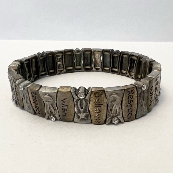 Two Vintage Bracelets Mixed Metal Inspirational Word Charm Beaded Elastic Cuffs - Picture 7 of 9